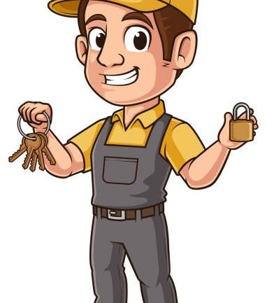 Happy locksmith holding keys and a padlock vector cartoon clip art