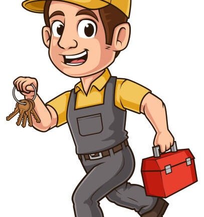Locksmith running while holding keys and a toolbox vector cartoon clip art