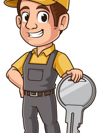 Confident locksmith leaning on a key vector cartoon clip art