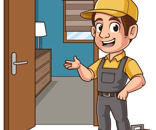 Happy locksmith after having unlocked a door vector cartoon clip art